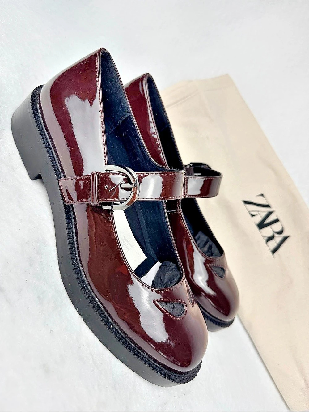 Zara Patent Women’s Platform Mary Janes Shoes with Cut-Outs Brown Size 7.5 NWT